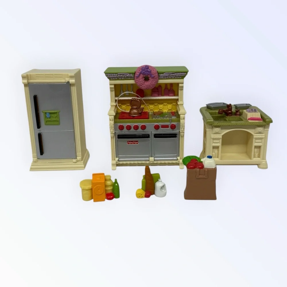 Fisher Price Loving Family Dollhouse Kitchen Sink Island-Refrigerator Food Lot